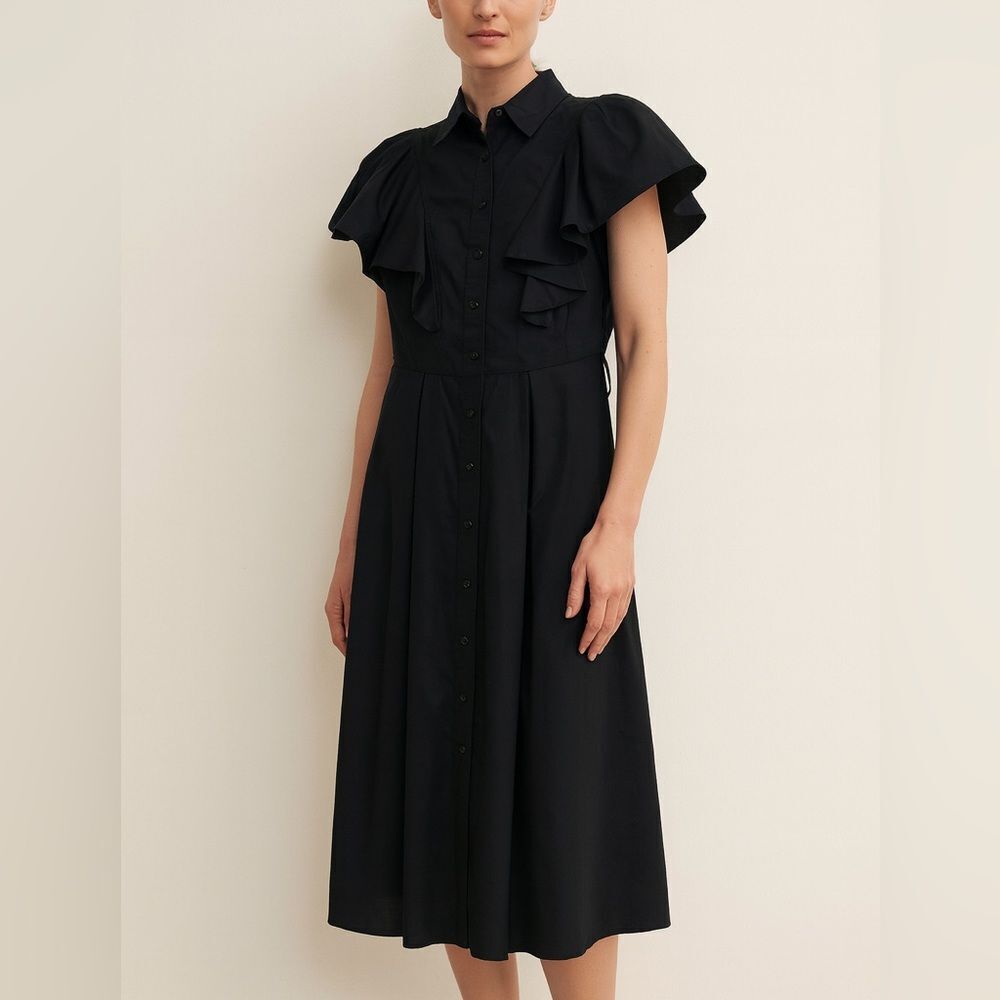 Brave + True Black Cotton Button Front Midi Dress W/ Leather Belt XS NWT